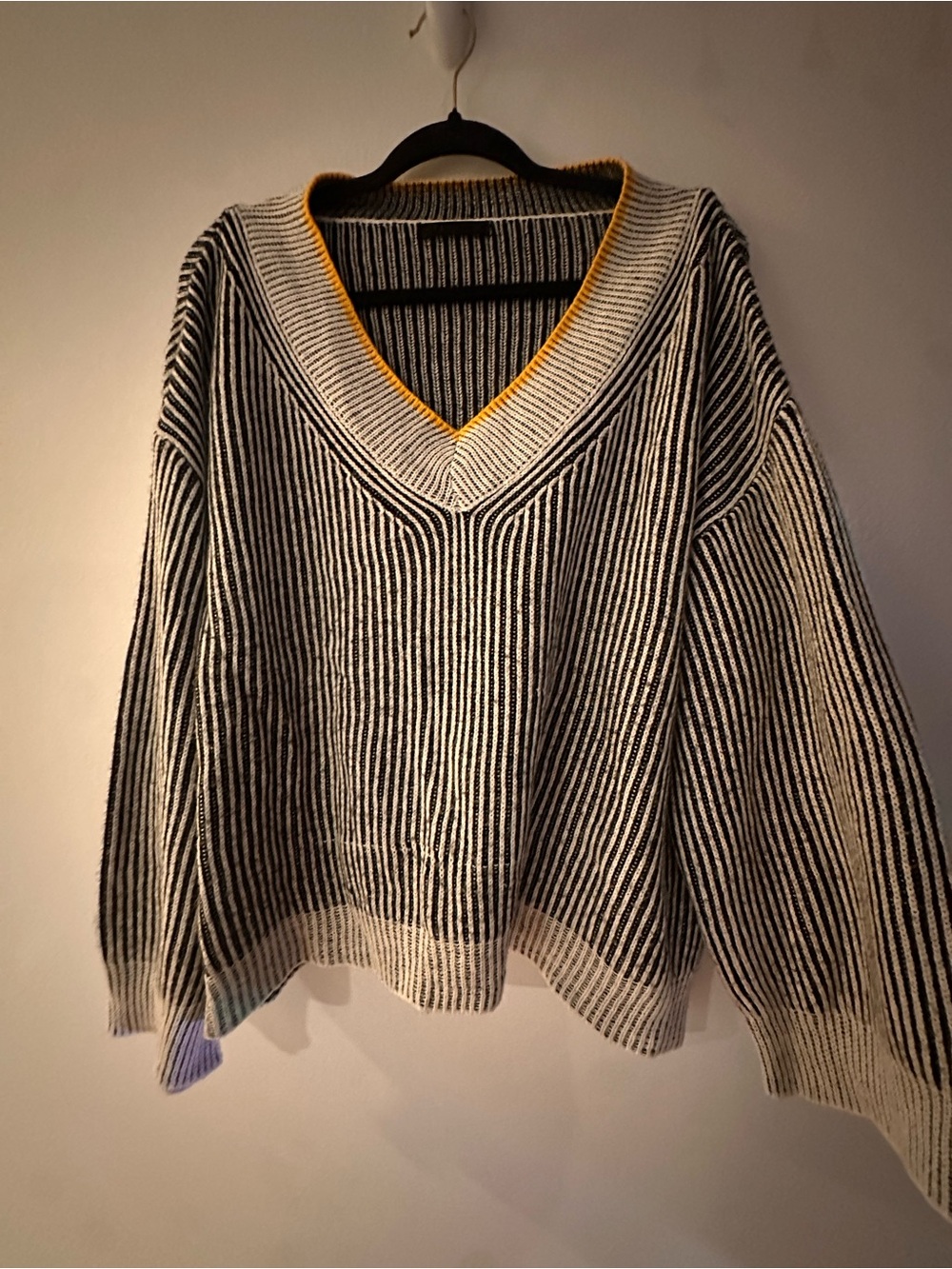 SHEIN Black & White Striped V-Neck Sweater with Yellow Trim
